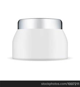 White Plastic Cream Jar Mockup with Silver Lid. Beauty Cosmetic Bottle for Moisturizer. Packaging Template for Natural Facial Balm. 3d Round Pack Template. Vector Pot.. White Plastic Cream Jar Mockup with Silver Lid.