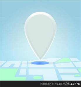 White plastic glossy navigation point symbol hanging over detailed map