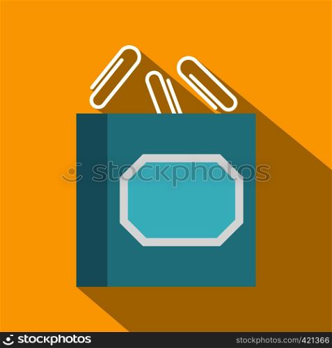 White plastic paper clips in container icon. Flat illustration of white plastic paper clips in container vector icon for web isolated on yellow background. White plastic paper clips in container icon