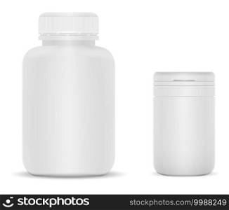 White plastic supplement jar. Vitamin bottle vector blank, 3d cylinder package. Large pharmaceutical pill pack. Round tablet tube, empty matte plastic can, realistic aspirin medication packaging. White plastic supplement jar. Vitamin bottle blank