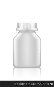 White plastic supplement or medicine pills bottle mockup. Medicine square bottle mockup isolated on white background. Plastic package design.