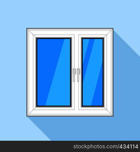 White plastic window with blue sky glass icon. Flat illustration of white plastic window with blue sky glass vector icon for web. White plastic window with glass icon, flat style