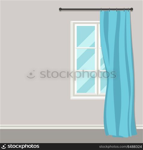 White plastic window with curtains on wall. White plastic window with curtains on wall.