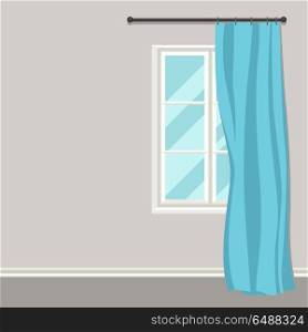 White plastic window with curtains on wall. White plastic window with curtains on wall.