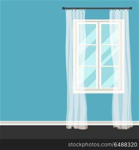 White plastic window with transparent curtains on wall. White plastic window with transparent curtains on wall.