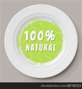 White plate with organic food logo. Cooking organic food with natural ingredients. Round plate with inscription natural isolated on white background. Dish for restaurant, kitchen utensil or dishware. White plate with organic food logo. Cooking organic food with natural ingredients concept