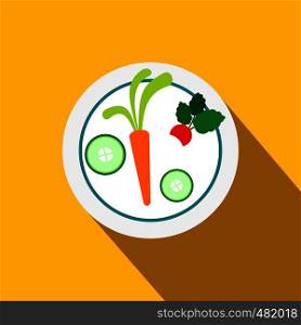 White plate with vegetables flat icon on a yellow background. White plate with vegetables flat icon