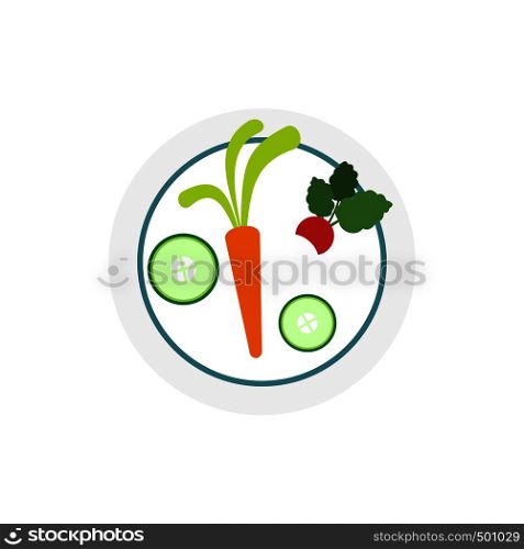 White plate with vegetables icon in flat style isolated on white background. White plate with vegetables icon