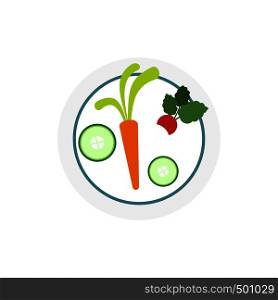 White plate with vegetables icon in flat style isolated on white background. White plate with vegetables icon