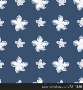 White plumeria flower seamless pattern on blue background. Exotic tropical wallpaper. Abstract botanical backdrop. Design for fabric , textile print, wrapping, cover. Vector illustration.. White plumeria flower seamless pattern on blue background. Exotic tropical wallpaper.