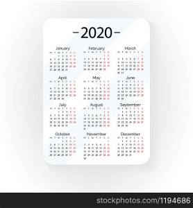 White pocket vector calendar 2020 year. Minimal business simple clean design. Classic grid, week starts from monday.