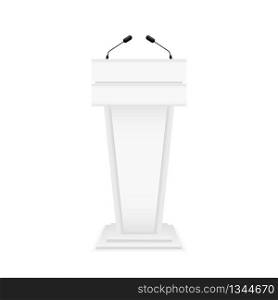 White podium tribune with microphones. Wooden stage isolated on white background. Empty rostrum speech for orator. Pedestal for lecture, seminar, conference and debate. Microphones for speaker. Vector. White podium tribune with microphones. Wooden stage isolated on white background. Empty rostrum speech for orator. Pedestal for lecture, seminar, conference, debate. Microphones for speaker. Vector.