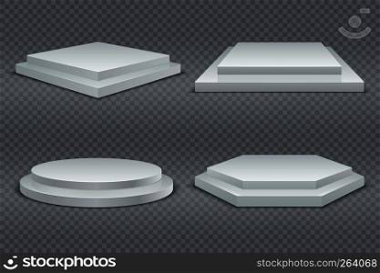 White podiums. Round and square 3d empty podium with steps. Showroom pedestals, floor stage platform vector isolated mockup. White podiums. Round and square 3d empty podium with steps. Showroom pedestals, floor stage platform vector mockup