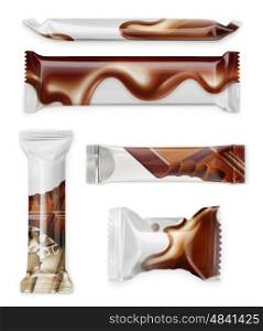 White polyethylene package, chocolate bar, vector mockup set