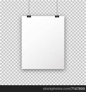 White poster a4 hanging on binder. Poster on transparent background with realistic shadow. Paper mock up. White empty. Realistic isolated vector mockup. Photo frame mockup. EPS 10. White poster a4 hanging on binder. Poster on transparent background with realistic shadow. Paper mock up. White empty. Realistic isolated vector mockup. Photo frame mockup.