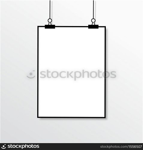 White poster mockup on grey wall. Empty A4 format suspended on strings. Vector illustration eps10.