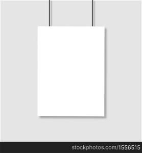 White poster mockup on grey wall. Empty A4 format suspended on strings. Vector illustration eps10.. White poster mockup on grey wall. Empty A4 format suspended on strings.