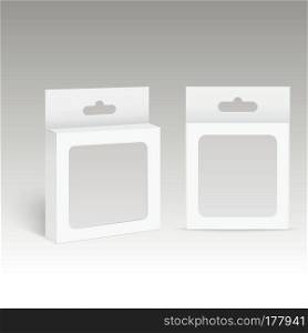 White Product Package Box With Hang Slot and plastic window. Mock Up. Vector