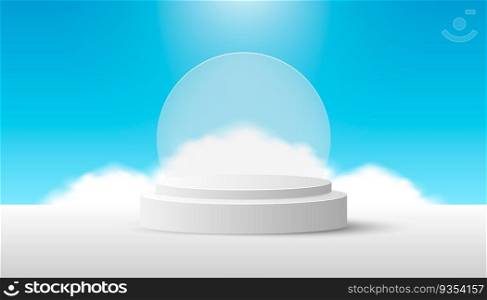 White Product Podium with cloud and glass on blue sky. Suitable For Web Banners, Diagrams, Infographics, Book Illustration, Social Media, and Other Graphic Assets