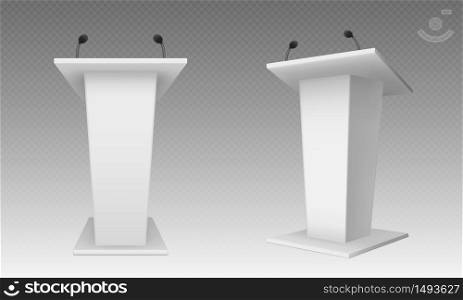 White pulpit, podium or tribune front side view. Rostrum stand with microphone for conference debates, trophy isolated on transparent. Business presentation speech pedestal Realistic vector mock up. White pulpit, podium or tribune, rostrum stand