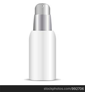 White pump bottle mockup illustration. Vector container with dispenser for cream, foam, gel and other products. High quality cosmetics packaging.. White pump bottle mockup. Vector container