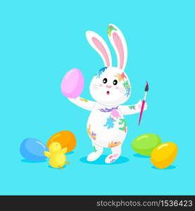 White rabbit painting Easter eggs. Cute bunny. Cartoon character design, vector illustration isolated on blue background.