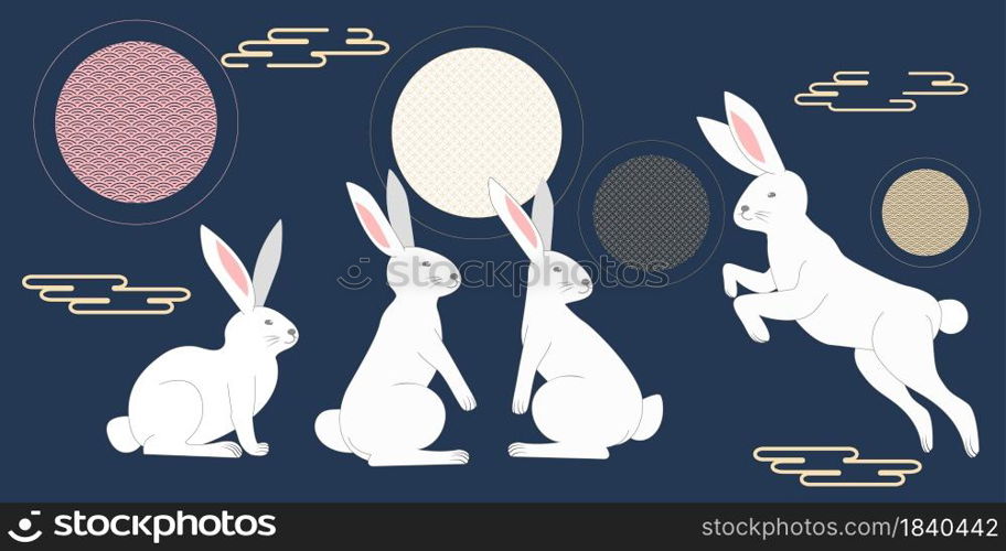 White Rabbit Poses Cartoon set Vector Illustration. with a full moon. illustration Isolated on a blue background. for Chinese mid-autumn festival graphic design or for the Easter holiday concept.