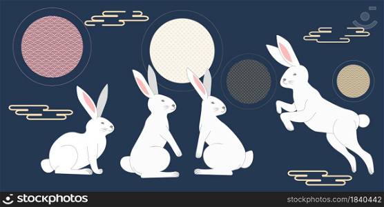 White Rabbit Poses Cartoon set Vector Illustration. with a full moon. illustration Isolated on a blue background. for Chinese mid-autumn festival graphic design or for the Easter holiday concept.
