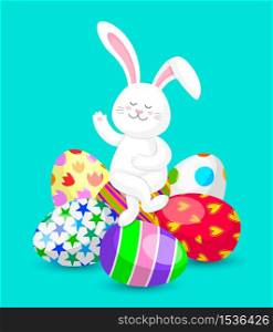 White rabbit sitting cross-legged on Easter eggs. Happy Easter day concept. Cute bunny, Cartoon character design. Vector illustration isolated on blue background.