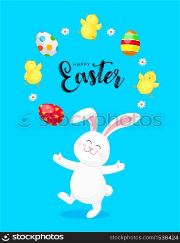 White rabbit with Easter eggs and little chick. Cute bunny. Cartoon character design, vector illustration isolated on blue background.