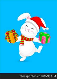 White rabbit with Santa hat, gift and scarf. Merry Christmas and happy new year concept. Cute bunny. Cartoon character design. Illustration isolated on blue background.