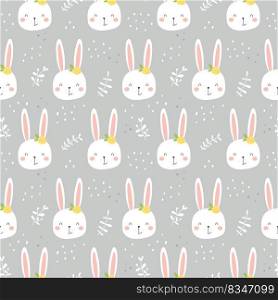 White rabbits seamless pattern. Cute characters with flowers and leaves. Kids cartoon vector in simple hand-drawn Scandinavian style. Children s illustration on a light gray background. White rabbits seamless pattern. Cute characters with flowers and leaves.