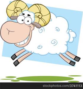 White Ram Sheep Cartoon Mascot Character Jumping