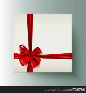 White realistic box with red decorative ribbon bow, gift, present, vector illustration