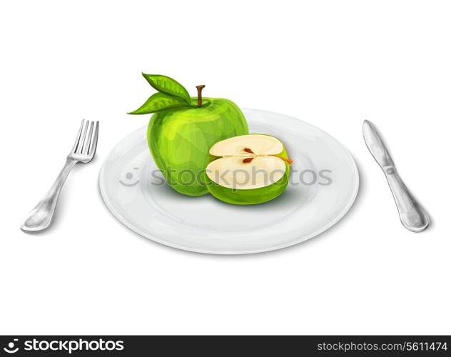 White realistic dinner plate with apple and knife and fork isolated on white background vector illustration