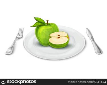 White realistic dinner plate with apple and knife and fork isolated on white background vector illustration