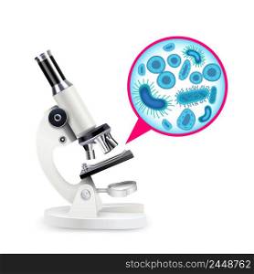 White realistic microscope composition with scientific instrument and multiply magnified cells vector illustration. White Realistic Microscope