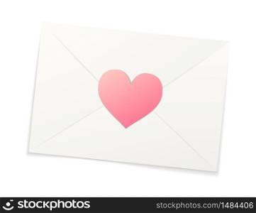 White realistic paper envelope with pink sticker in heart shape isolated on white. White realistic paper envelope with pink sticker in heart shape on white