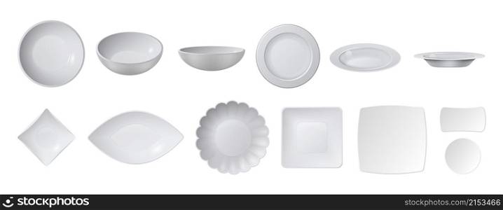 White realistic plates. Top view plate collection, isolated ceramic crockery. Kitchen accessories, cafe restaurant serving vector set. Illustration top view porcelain plate, empty realistic tableware. White realistic plates. Top view plate collection, isolated ceramic crockery. Kitchen accessories, cafe restaurant serving vector set