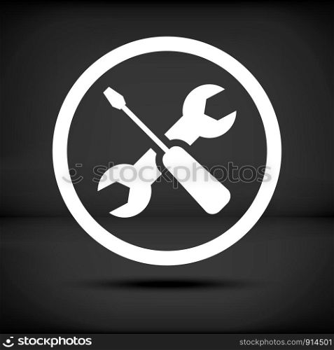 White repair icon on a black background with shadow. White repair icon