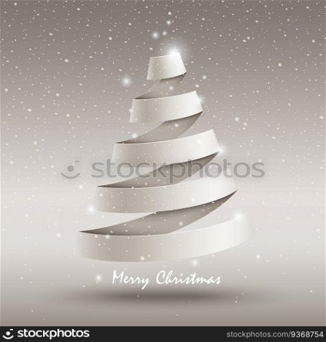 white ribbon Christmas tree on snowy background. white ribbon Christmas tree 