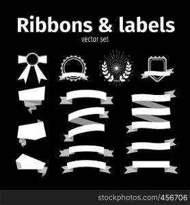 White ribbons and labels set on the black background. Vector illustration. White ribbons and labels set