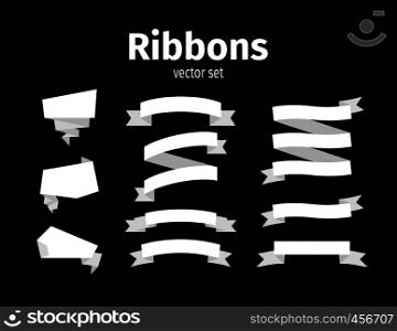 White ribbons on the black background vector set. White ribbons on black set
