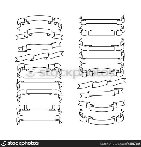 White ribbons with black contour set. Vector illustration. White ribbons with black contour icons