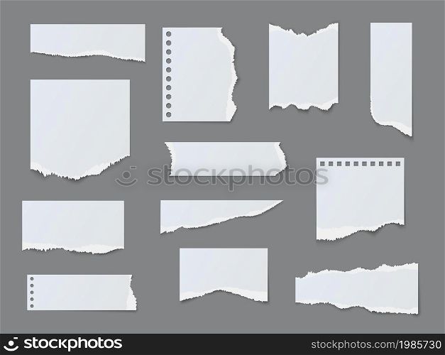 White ripped paper strips. Torned blank notebooks pages, different forms and sizes, clean scraps of empty blank sheets. Memo notes fragments with ragged edges, vector isolated on gray background set. White ripped paper strips. Torned blank notebooks pages, different forms and sizes, clean scraps of empty blank sheets. Memo notes fragments with ragged edges, vector isolated set