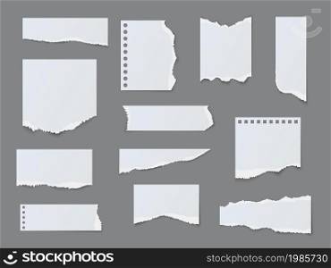 White ripped paper strips. Torned blank notebooks pages, different forms and sizes, clean scraps of empty blank sheets. Memo notes fragments with ragged edges, vector isolated on gray background set. White ripped paper strips. Torned blank notebooks pages, different forms and sizes, clean scraps of empty blank sheets. Memo notes fragments with ragged edges, vector isolated set