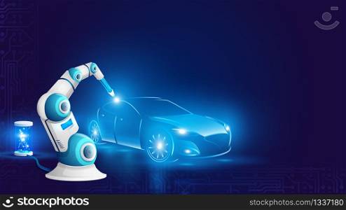 White Robot Arm Welding Automobile Illustration. Industrial Robotic Welder Work on Factory of Car Manufacture. Artificial Intelligence Automation. Future Revolution. Flat Cartoon Vector. White Robot Arm Welding Automobile Illustration