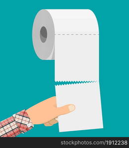 White roll of toilet paper and hand. Hank of paper for toilet. Vector illustration in flat style. White roll of toilet paper and hand.