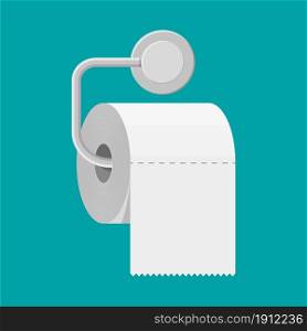 White roll of toilet paper on holder. Hank of paper for toilet. Vector illustration in flat style. White roll of toilet paper on holder.