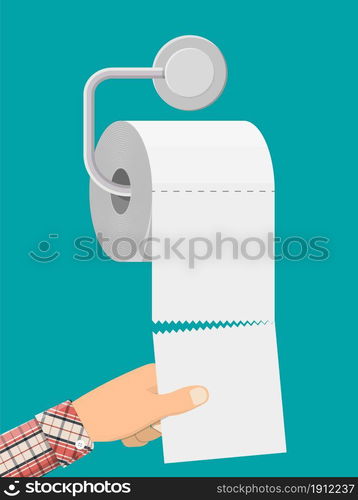 White roll of toilet paper on holder. Hank of paper for toilet. Vector illustration in flat style -. White roll of toilet paper on holder.